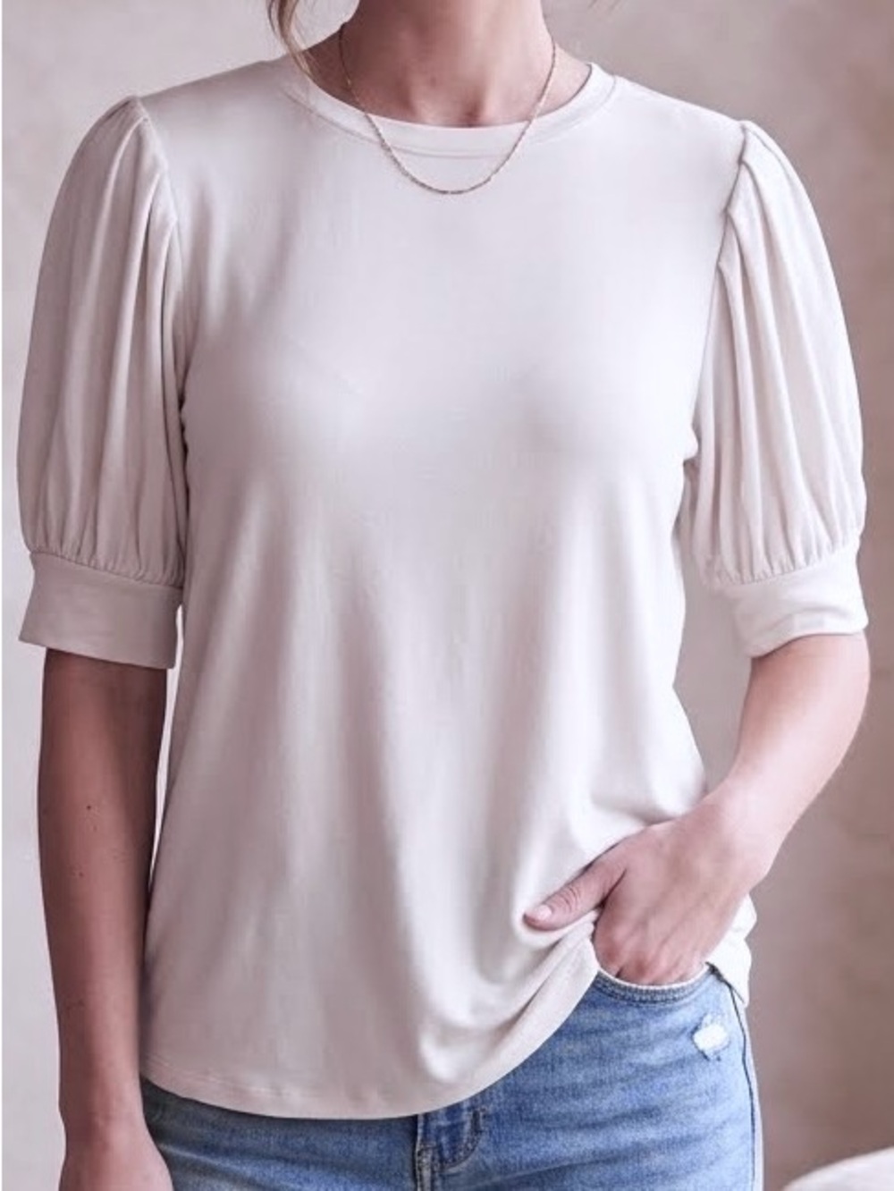 Elie Tahari Tee Ivory Off-White Cream Short Puff Sleeve crewneck modal medium